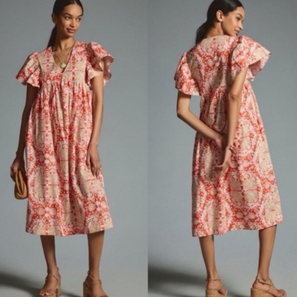 NWT MAEVE x ANTHRO Printed Flutter Sleeve Baby Doll Midi Dress 2XL